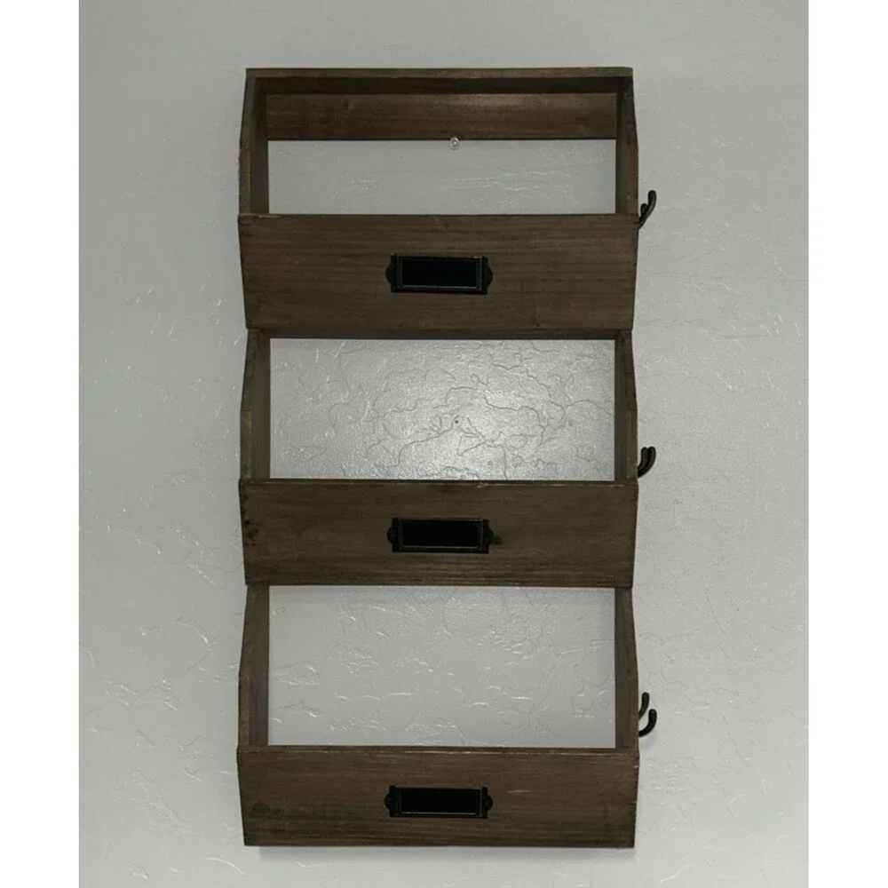 Rustic Wooden Wall Organizer Mail Holder Key Rack 3 Bin Storage Shelf w/ Hooks